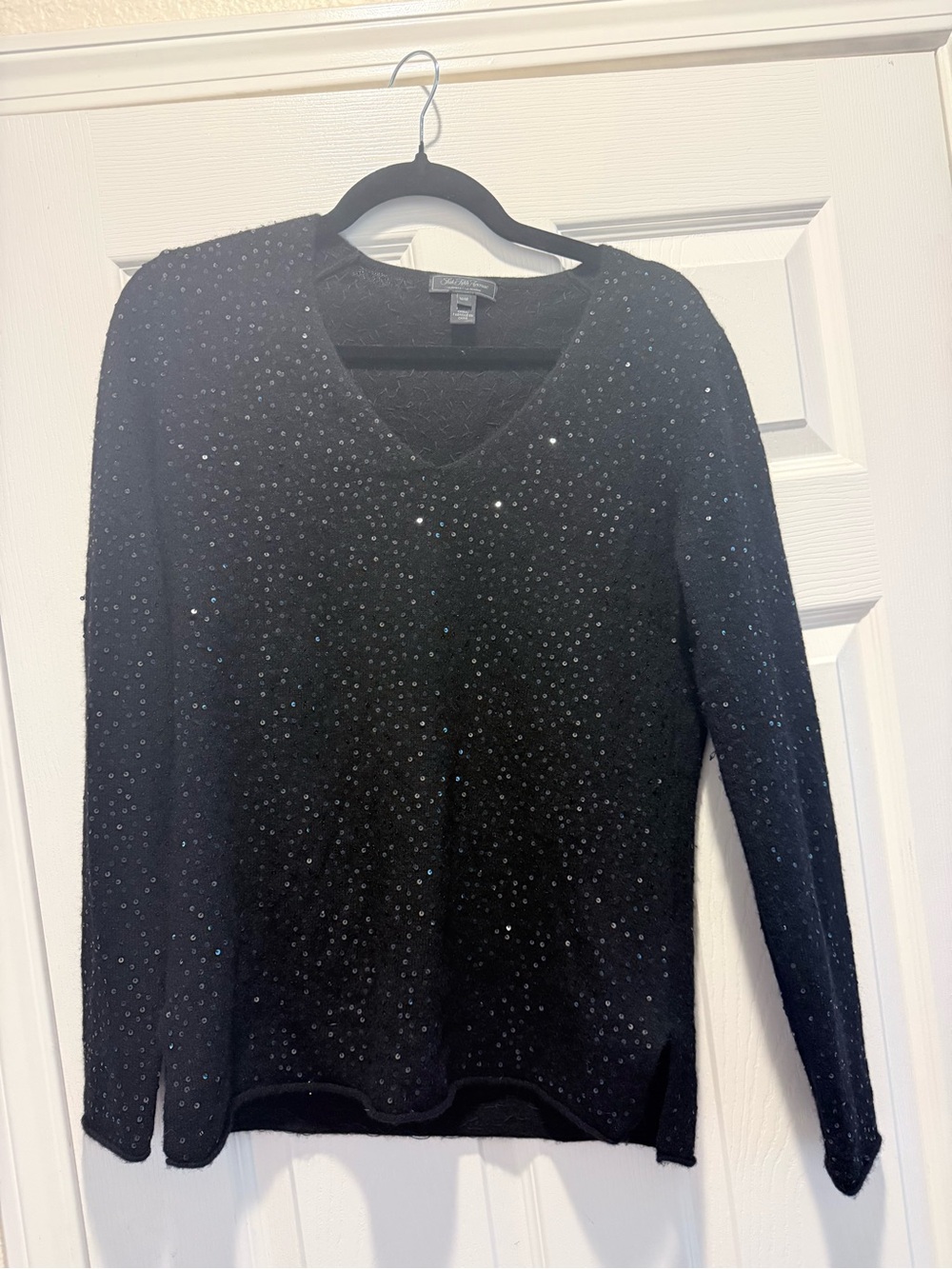 Saks 5th Avenue V-Neck Sequin 100% Cashmere Sweater - Black